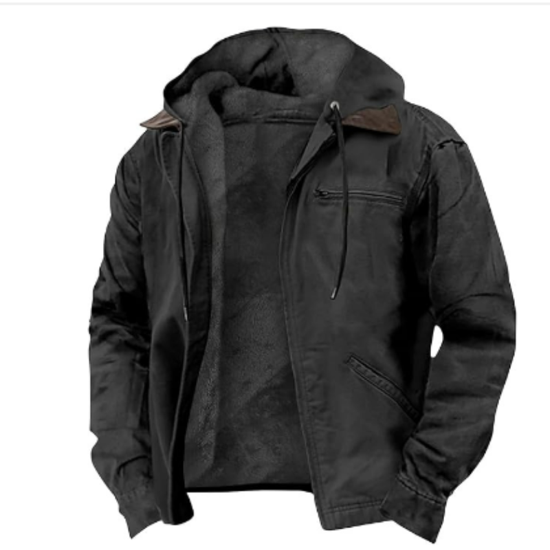 Veste à capuche homme moderne et chaude, doublure intérieure, coupe ajustée, idéale pour style urbain et confort hivernal.
