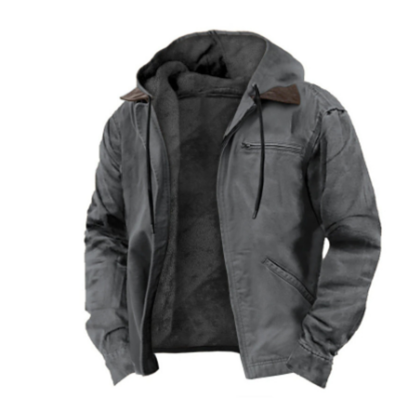 Veste à capuche homme moderne et chaude, doublure intérieure, coupe ajustée, idéale pour style urbain et confort hivernal.