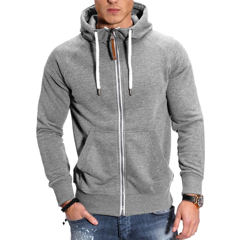 Veste à capuche homme zippée, coton doux, manches raglan, couleur gris clair, poches avant pratiques pour style décontracté.