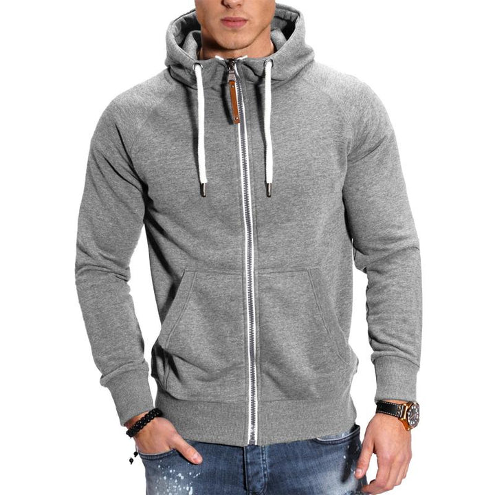 Veste à capuche homme zippée, coton doux, manches raglan, couleur gris clair, poches avant pratiques pour style décontracté.