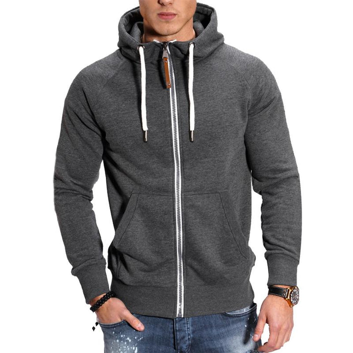 Veste à capuche homme zippée, coton doux, manches raglan, couleur gris clair, poches avant pratiques pour style décontracté.