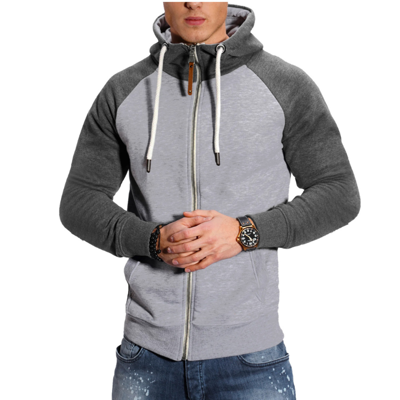 Veste à capuche homme zippée, coton doux, manches raglan, couleur gris clair, poches avant pratiques pour style décontracté.
