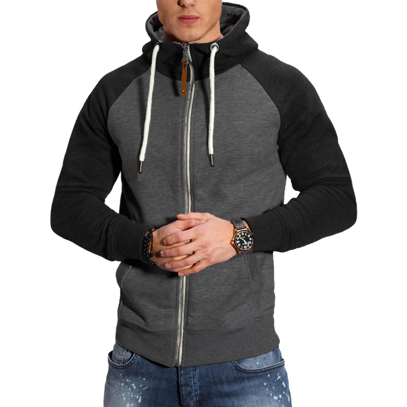 Veste à capuche homme zippée, coton doux, manches raglan, couleur gris clair, poches avant pratiques pour style décontracté.