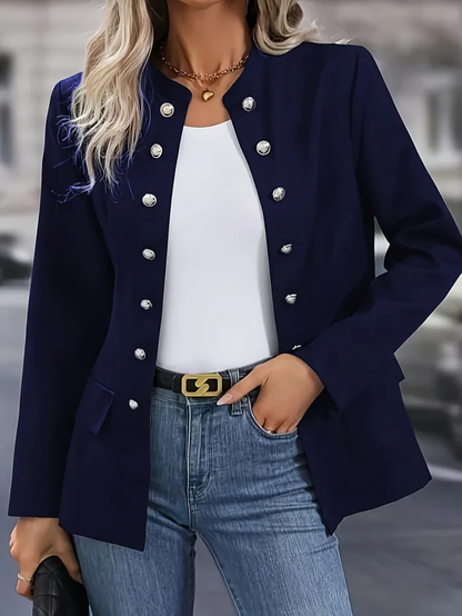 "Veste ajustée élégante bleu foncé pour femme, style professionnel et confort pour le bureau"