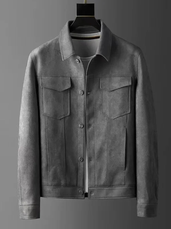 "Veste ajustée en cuir chamois marron, coupe élégante, pour hommes, idéale pour un look intemporel et raffiné."