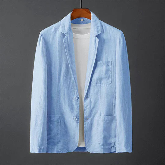 "Veste blazer homme moderne en laine mélangée, coupe ajustée, poches passepoilées et revers cranté."
