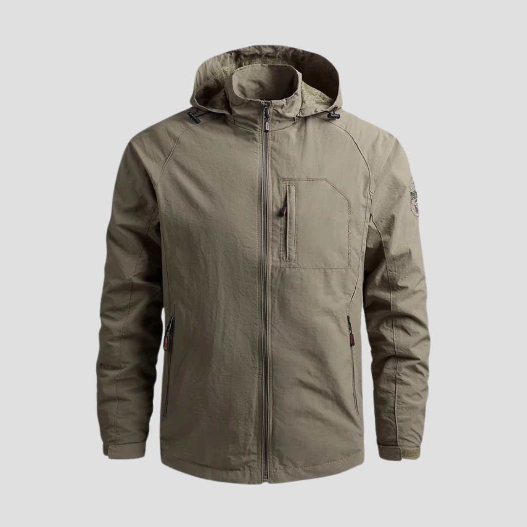 "Veste cargo imperméable homme, capuche intégrée, poches spacieuses, style urbain moderne, protection pluie, couleurs tendanc