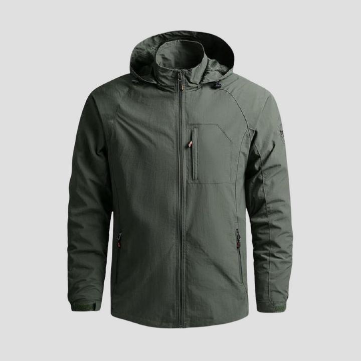 "Veste cargo imperméable homme, capuche intégrée, poches spacieuses, style urbain moderne, protection pluie, couleurs tendanc