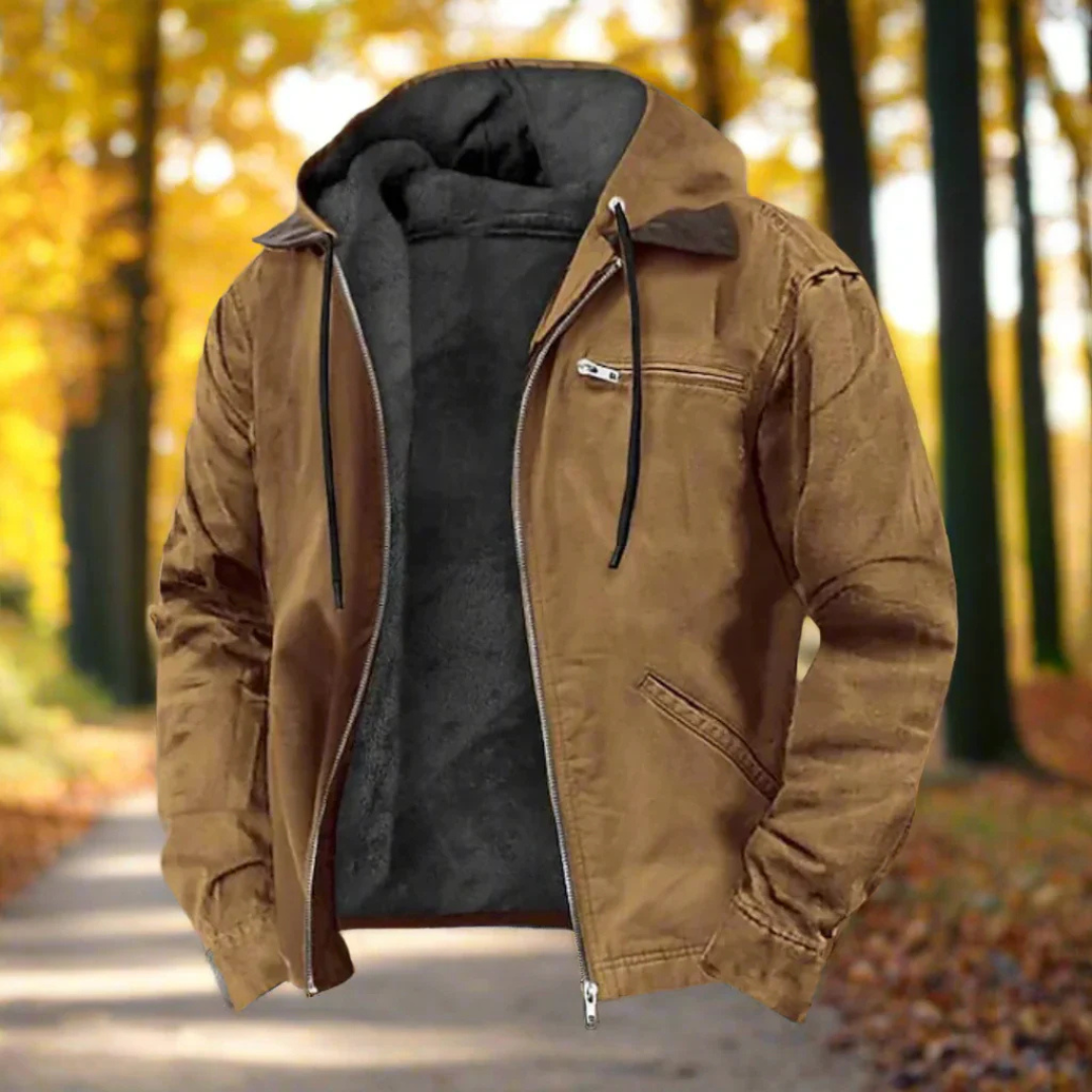 Veste chaude homme moderne avec capuche multicolore, vue de face, idéale automne, doublure chaude, poches pratiques.