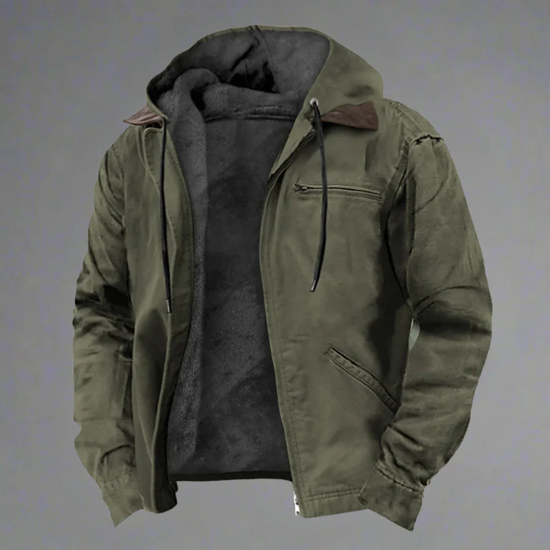 Veste chaude homme moderne avec capuche multicolore, vue de face, idéale automne, doublure chaude, poches pratiques.