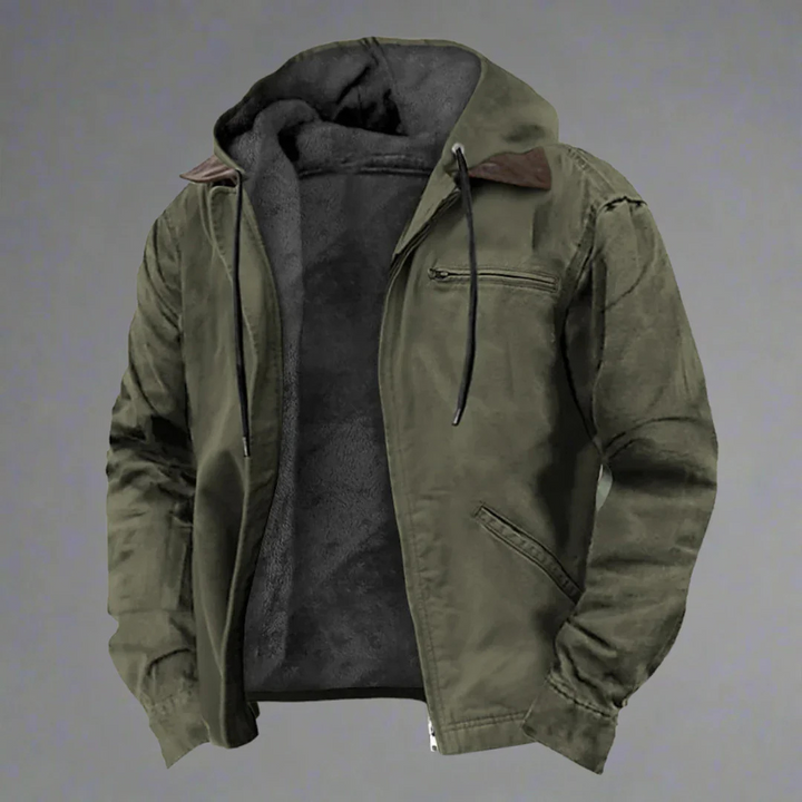 Veste chaude homme moderne avec capuche multicolore, vue de face, idéale automne, doublure chaude, poches pratiques.