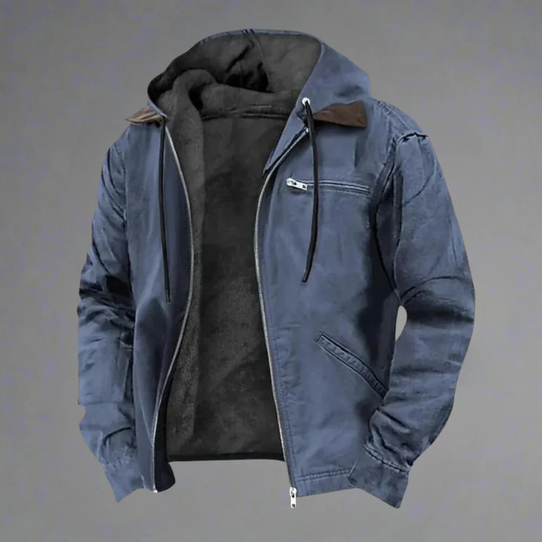 Veste chaude homme moderne avec capuche multicolore, vue de face, idéale automne, doublure chaude, poches pratiques.