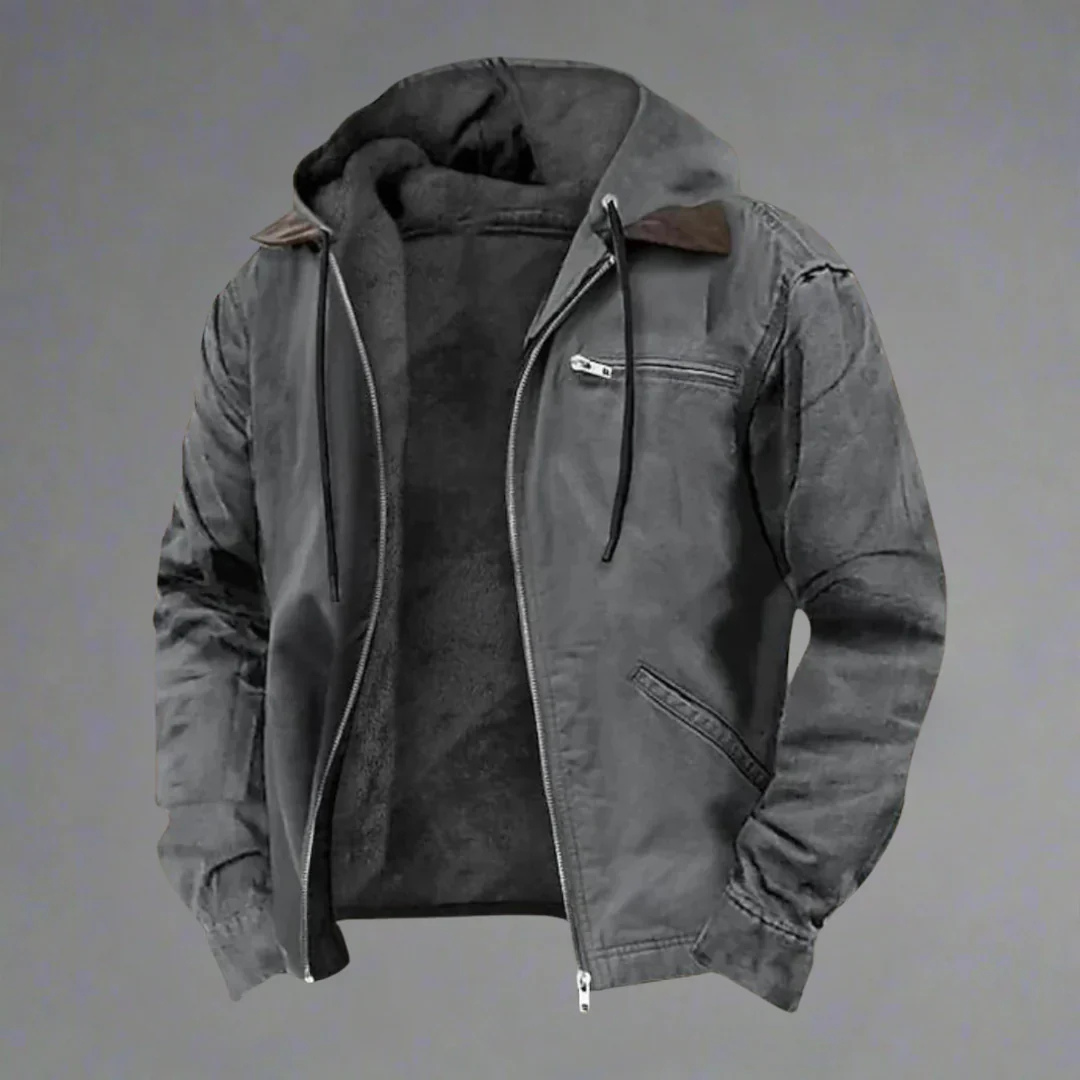 Veste chaude homme moderne avec capuche multicolore, vue de face, idéale automne, doublure chaude, poches pratiques.