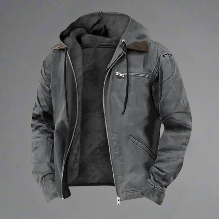 Veste chaude homme moderne avec capuche multicolore, vue de face, idéale automne, doublure chaude, poches pratiques.