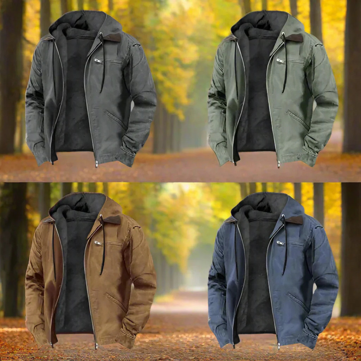 Veste chaude homme moderne avec capuche multicolore, vue de face, idéale automne, doublure chaude, poches pratiques.