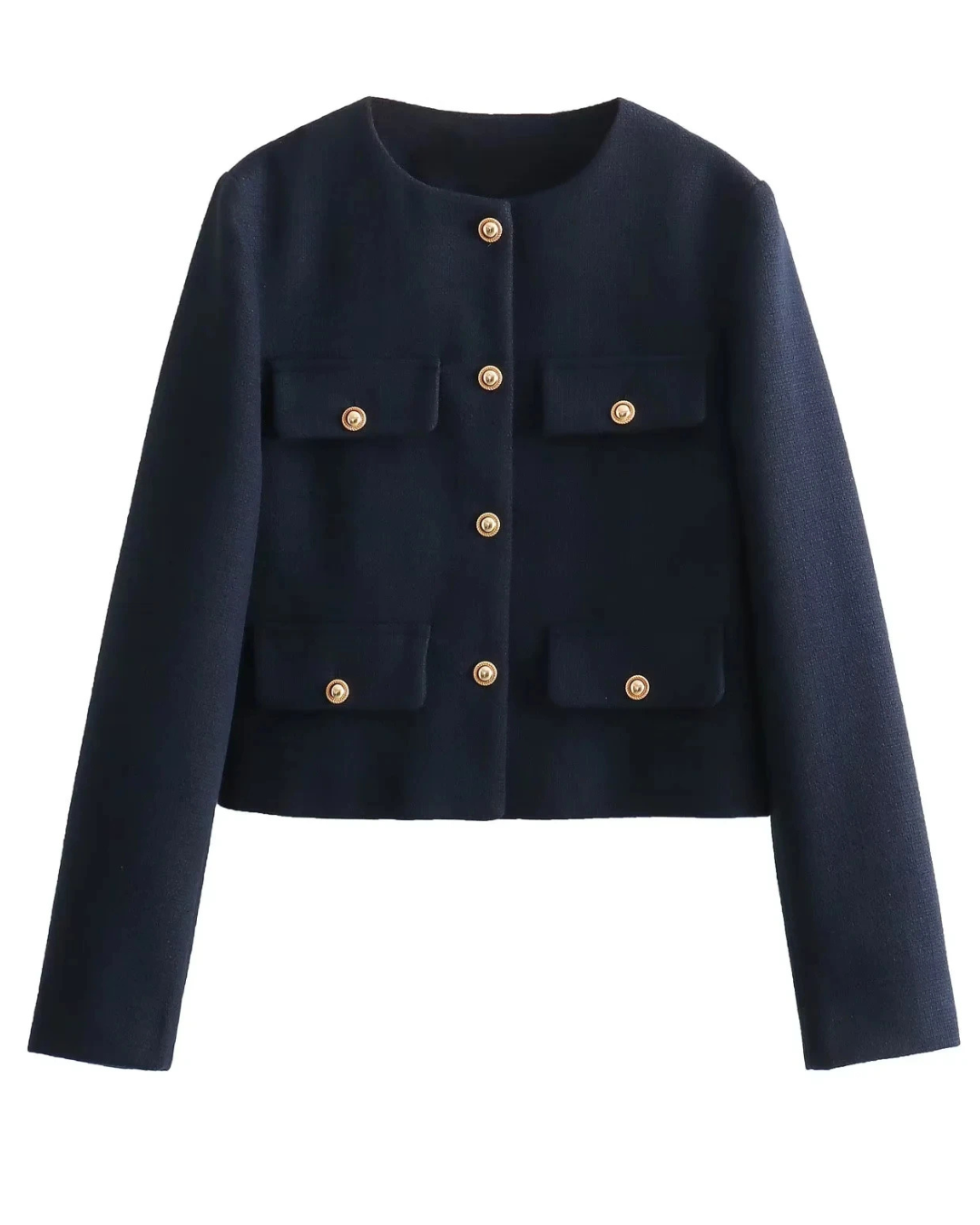 "Veste cintrée femme élégante, boutons dorés, tissu luxueux et coupe flatteuse, idéale pour des looks chics."