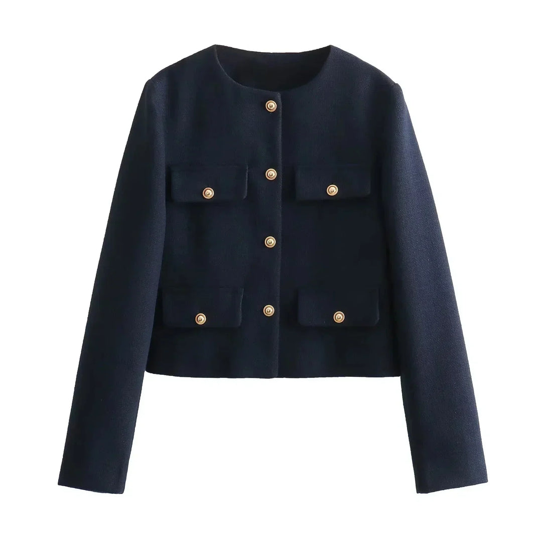 "Veste cintrée femme élégante, boutons dorés, tissu luxueux et coupe flatteuse, idéale pour des looks chics."