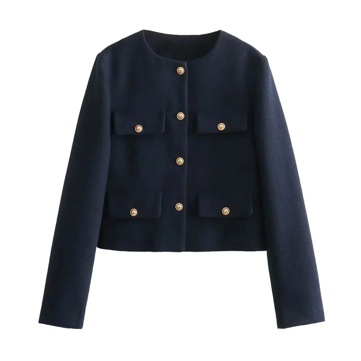 "Veste cintrée femme élégante, boutons dorés, tissu luxueux et coupe flatteuse, idéale pour des looks chics."