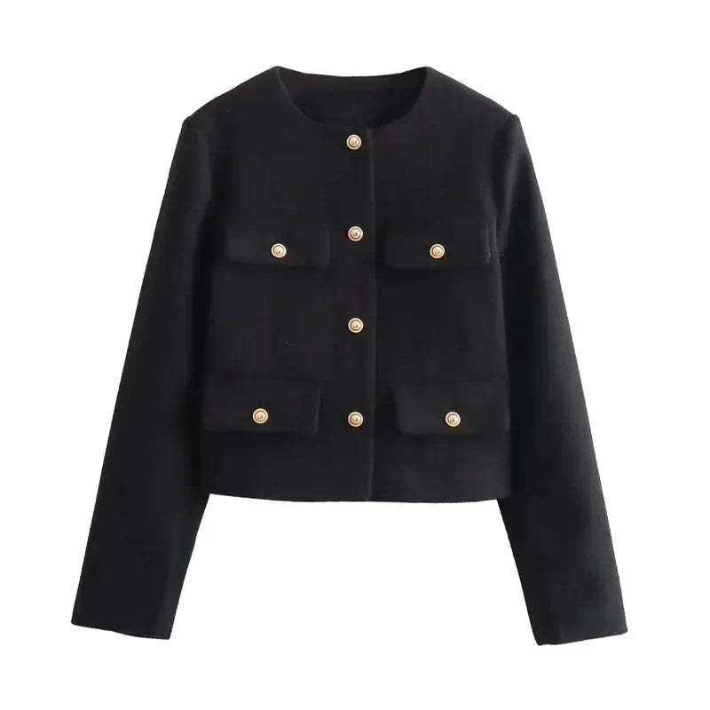 "Veste cintrée femme élégante, boutons dorés, tissu luxueux et coupe flatteuse, idéale pour des looks chics."