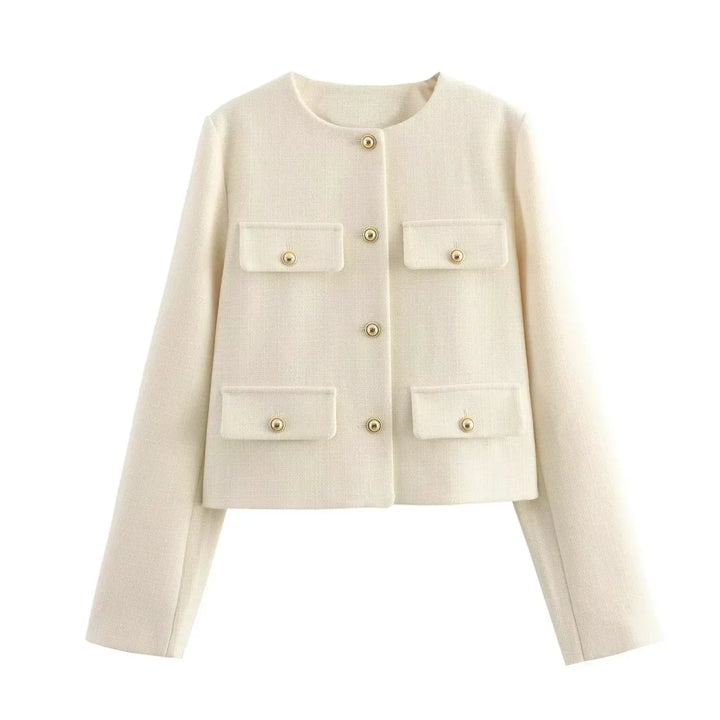 "Veste cintrée femme élégante, boutons dorés, tissu luxueux et coupe flatteuse, idéale pour des looks chics."