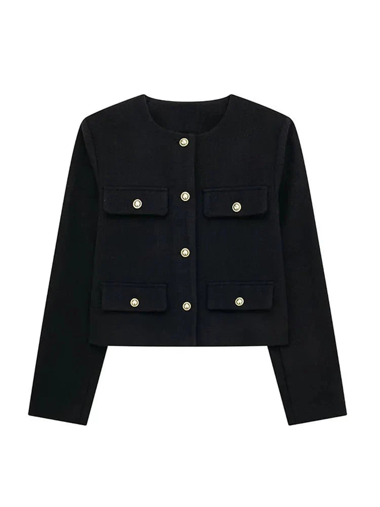 Veste croisée boutonnée femme élégante, manches longues, coupe moderne raffinée pour un style sophistiqué et polyvalent.