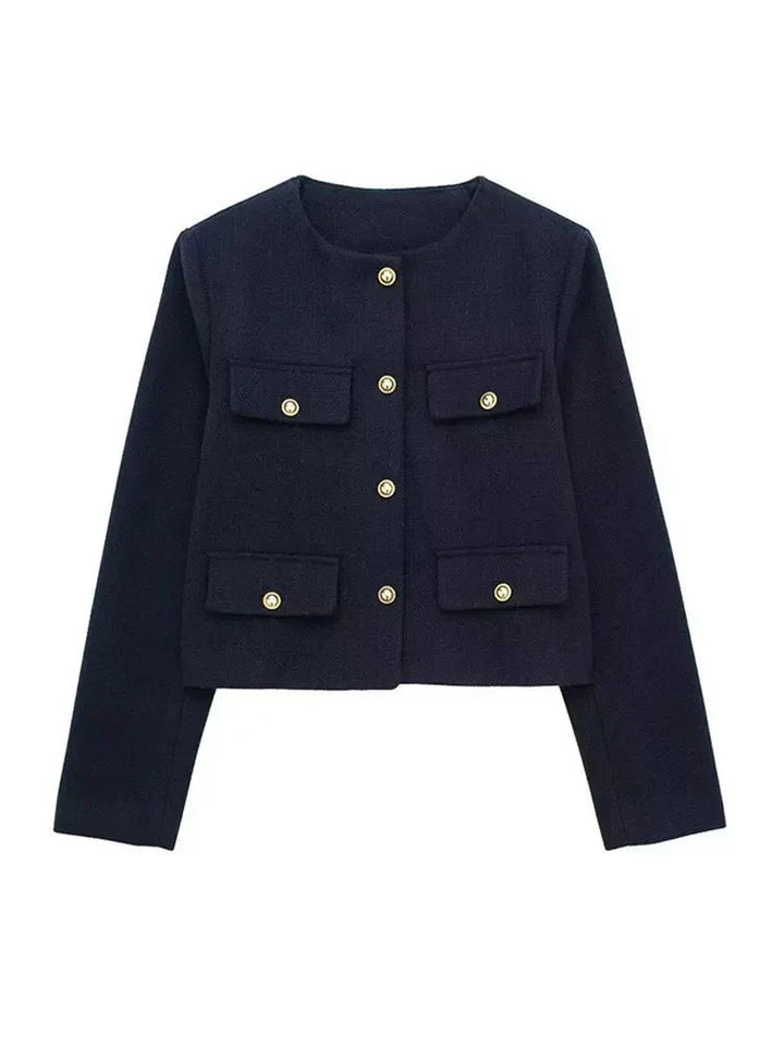 Veste croisée boutonnée femme élégante, manches longues, coupe moderne raffinée pour un style sophistiqué et polyvalent.