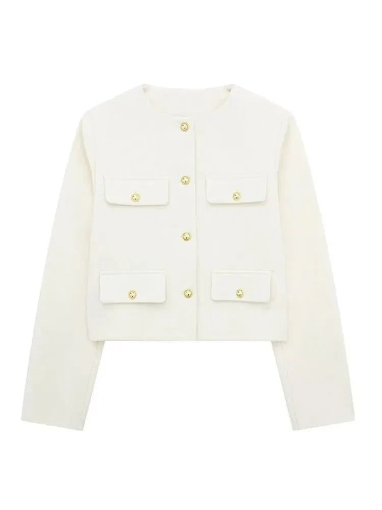 Veste croisée boutonnée femme élégante, manches longues, coupe moderne raffinée pour un style sophistiqué et polyvalent.