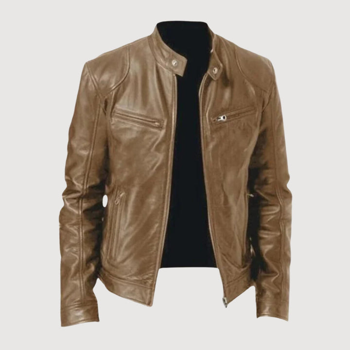 "Veste de moto homme effet cuir, look moderne et structuré, allure haut de gamme, confort et détails pratiques visibles."