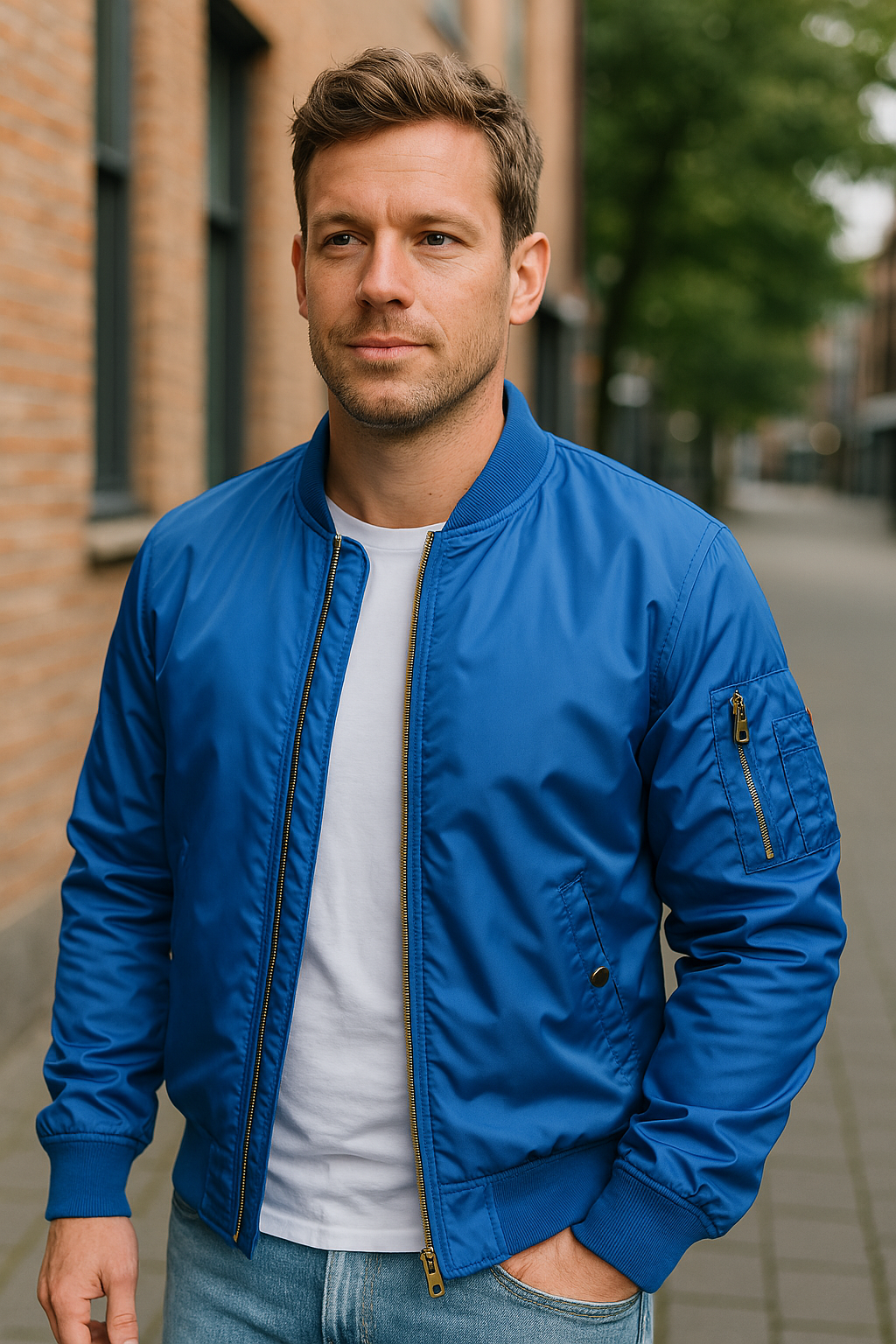 Veste de pilote luxe pour homme, design militaire chic, couleur kaki, poches fonctionnelles, tissu résistant intempéries.