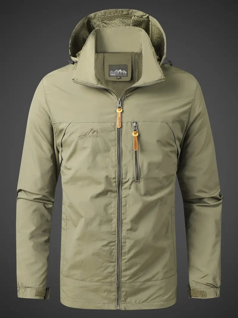 "Veste de pluie imperméable homme, avec capuche et poches zippées, vue de face, protection pluie et vent, style moderne."