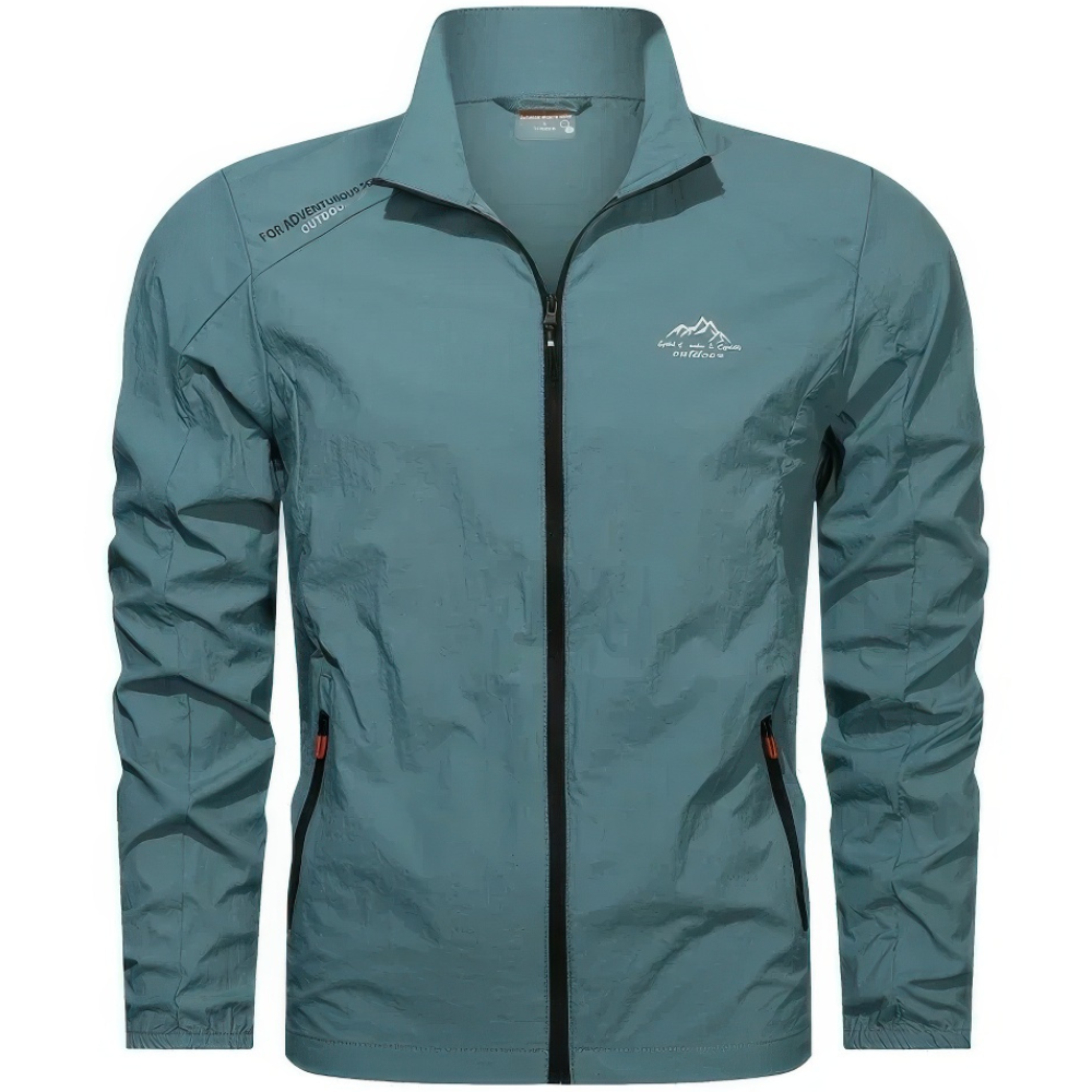 "Veste d'été coupe-vent homme légère, anti-UV, bleue avec poches zippées, idéale pour randonnée et plein air."