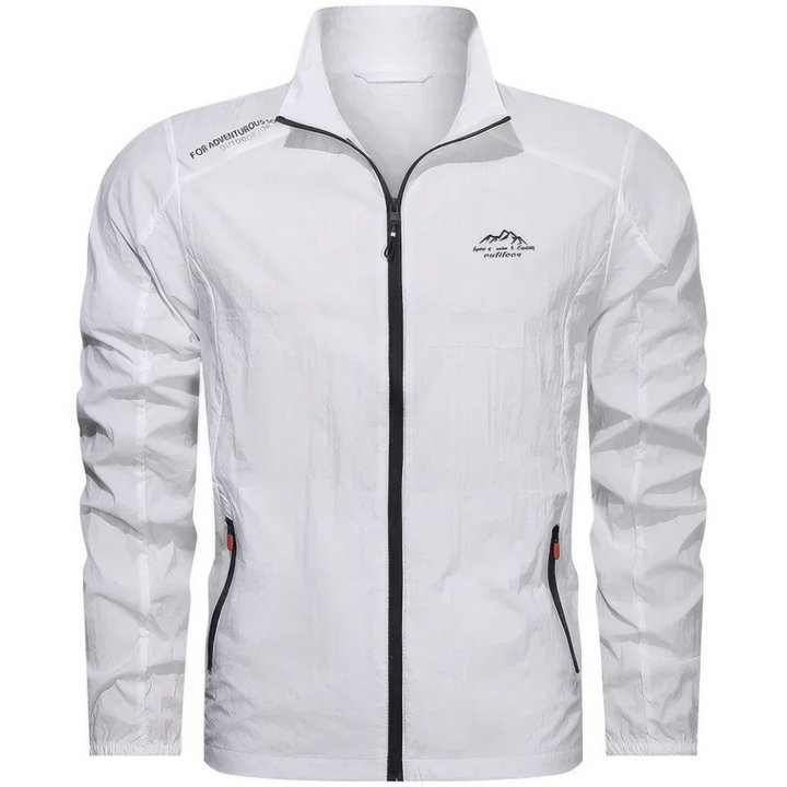 "Veste d'été coupe-vent homme légère, anti-UV, bleue avec poches zippées, idéale pour randonnée et plein air."