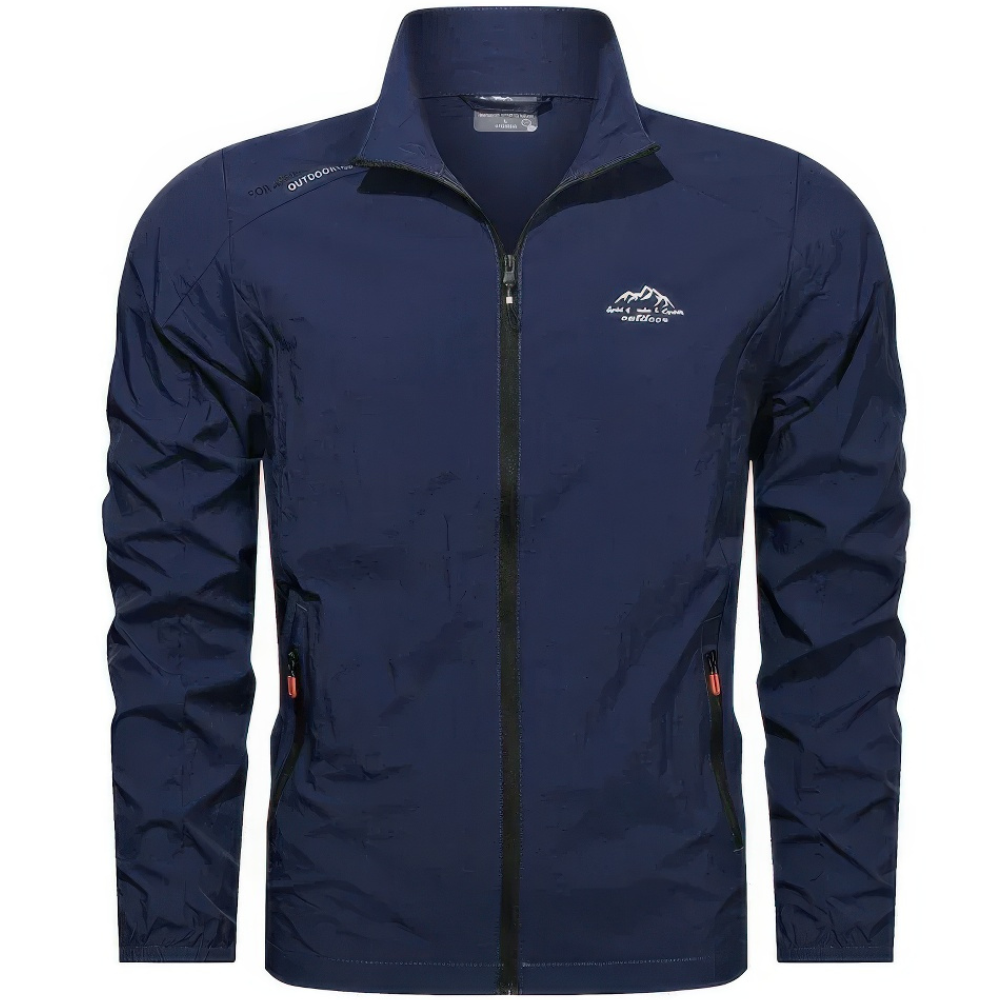 "Veste d'été coupe-vent homme légère, anti-UV, bleue avec poches zippées, idéale pour randonnée et plein air."