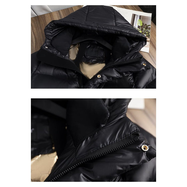 "Veste d'hiver femme en duvet, imperméable, coupe moderne, couleur neutre, idéale pour le froid avec capuche amovible."