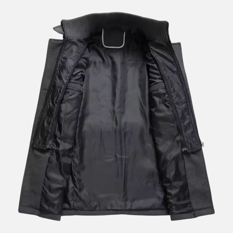"Veste double col moderne pour homme, col zippé et boutons, coupe ajustée, élégante et décontractée."