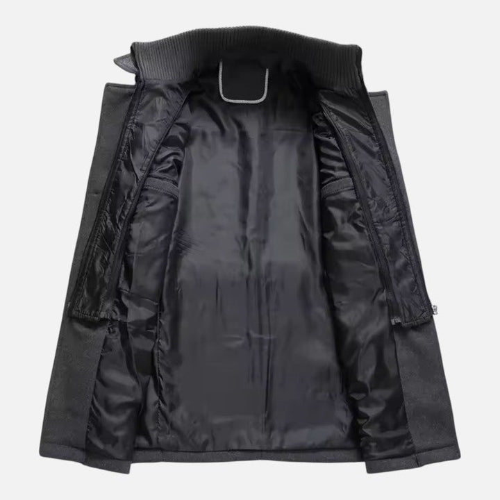 "Veste double col moderne pour homme, col zippé et boutons, coupe ajustée, élégante et décontractée."