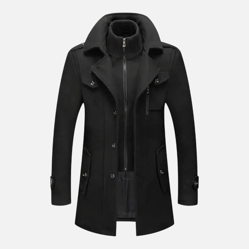 "Veste double col moderne pour homme, col zippé et boutons, coupe ajustée, élégante et décontractée."