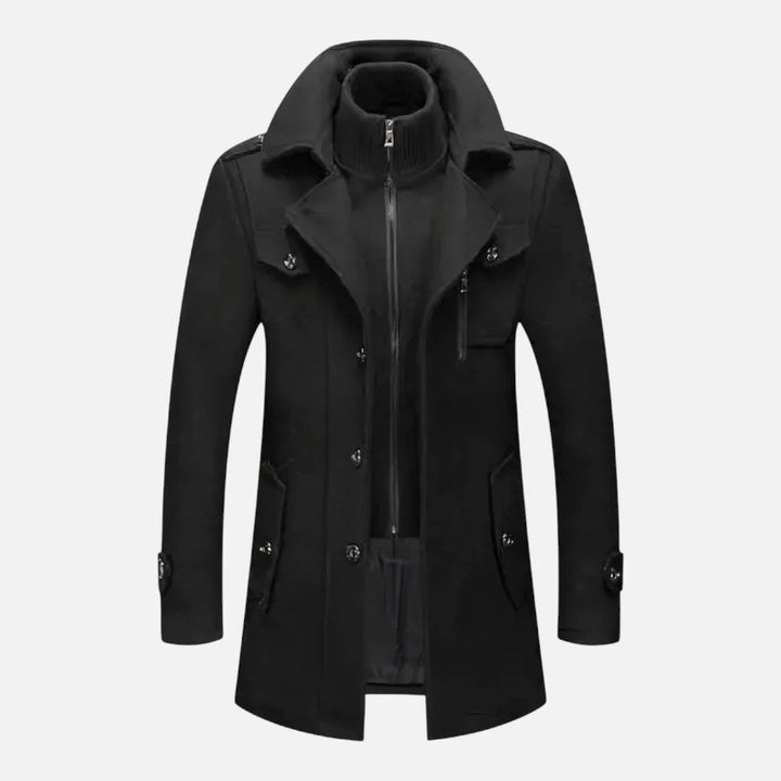 "Veste double col moderne pour homme, col zippé et boutons, coupe ajustée, élégante et décontractée."