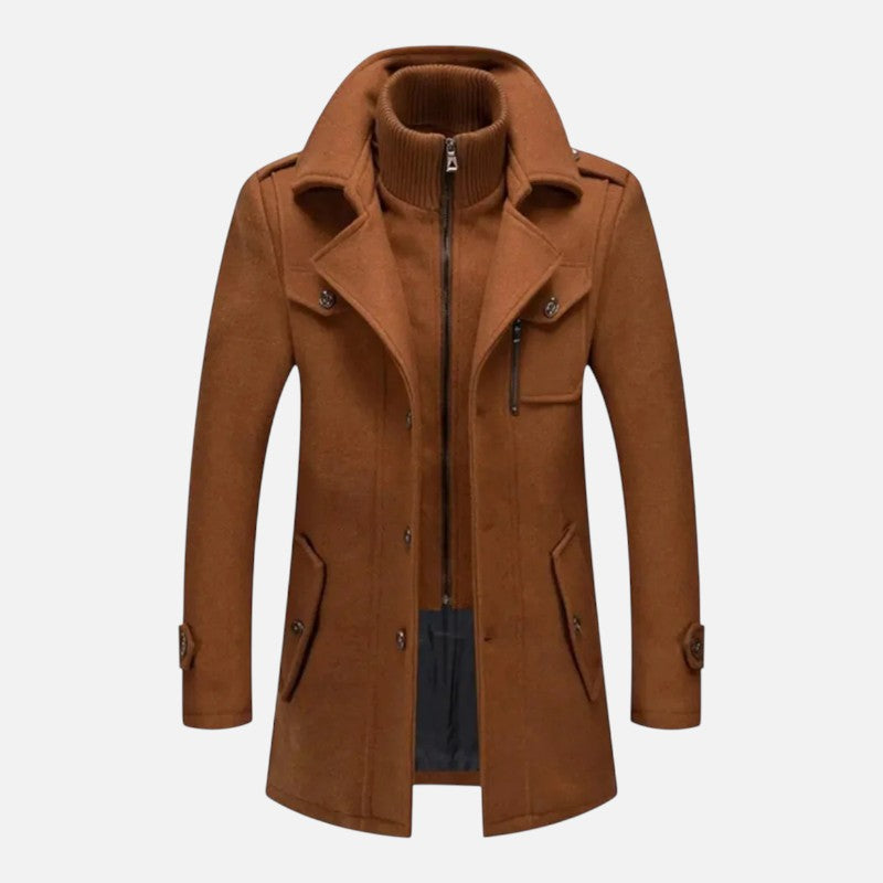 "Veste double col moderne pour homme, col zippé et boutons, coupe ajustée, élégante et décontractée."