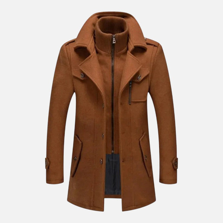 "Veste double col moderne pour homme, col zippé et boutons, coupe ajustée, élégante et décontractée."
