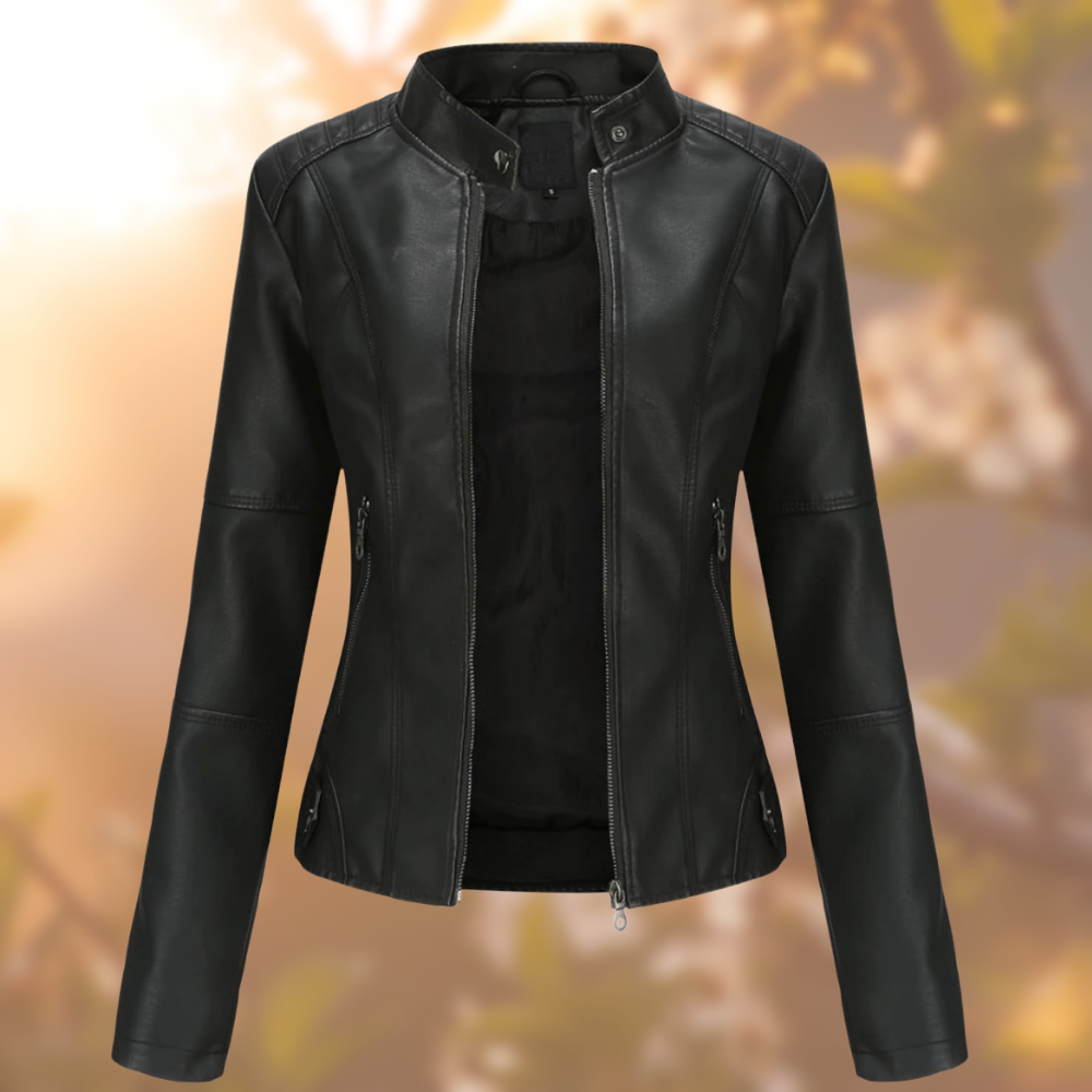 "Veste élégante en faux cuir noire pour femmes, design raffiné et polyvalent, parfaite pour tenues décontractées ou formelles