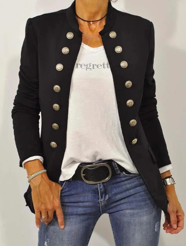Veste élégante noire à manches longues avec boutons, design classique, coupe allongée, idéale pour toute occasion.