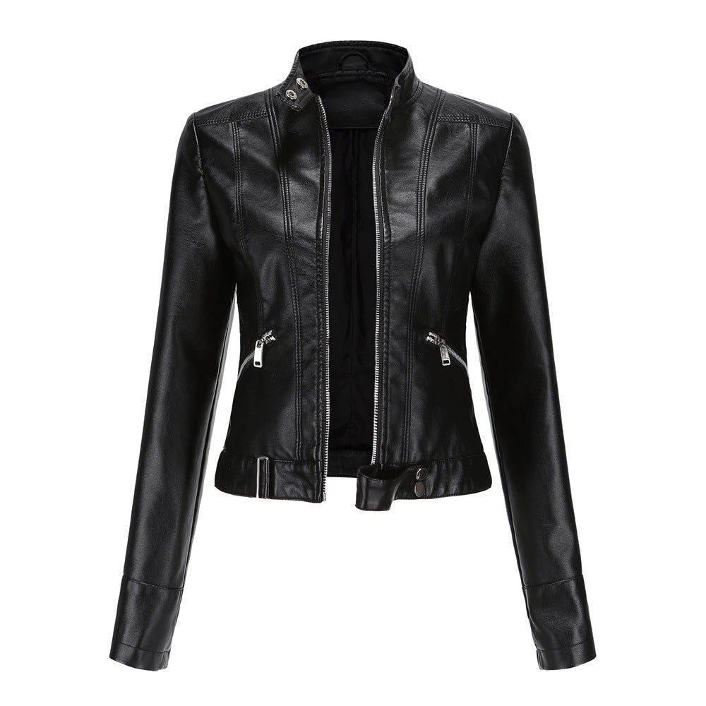 "Veste en cuir biker Mille pour femme, couleur noire, double fermetures éclair, audacieuse et élégante."