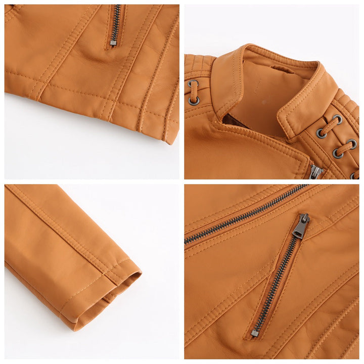 "Veste en cuir d'agneau femme, style rétro chic, couleur marron, design élégant décontracté avec poches et fermeture dissimul