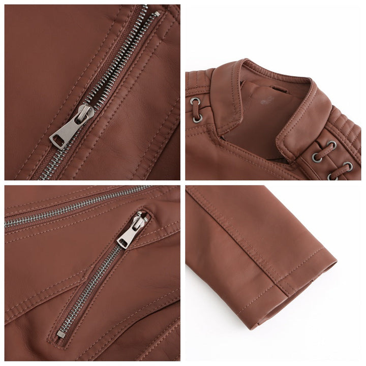 "Veste en cuir d'agneau femme, style rétro chic, couleur marron, design élégant décontracté avec poches et fermeture dissimul