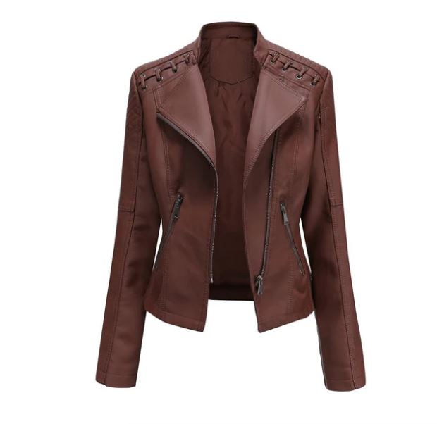 "Veste en cuir d'agneau femme, style rétro chic, couleur marron, design élégant décontracté avec poches et fermeture dissimul