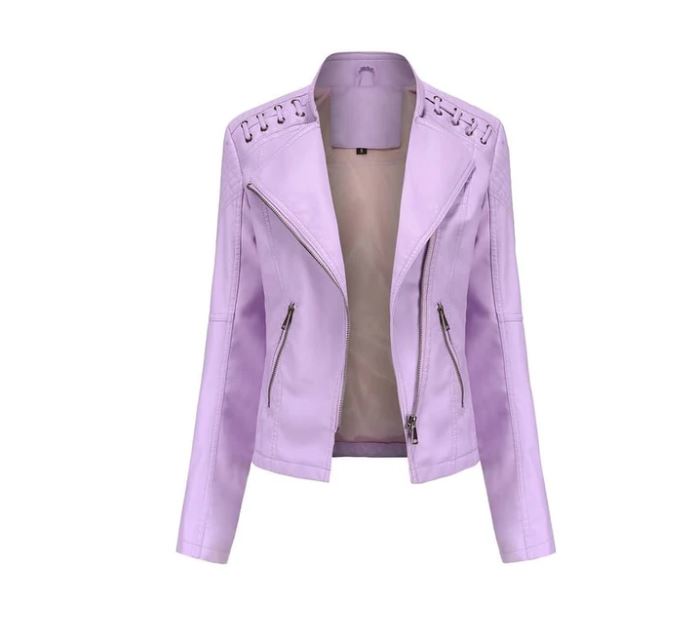 "Veste en cuir d'agneau vintage femme, couleur café, col montant, surpiqûres détaillées, élégance chic et féminine."