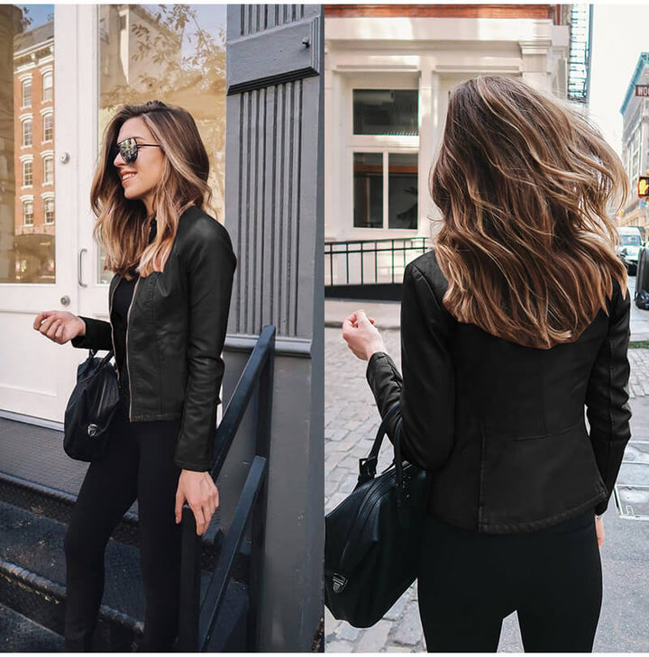 "Veste en cuir élégante pour femme, noire, moderne et polyvalente, avec finitions écologiques, parfaite pour toute occasion."