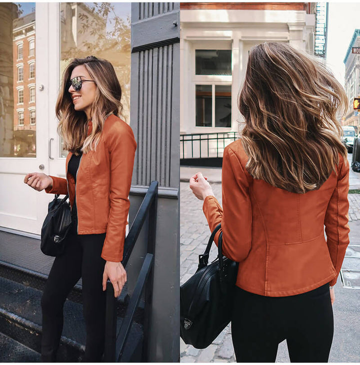 "Veste en cuir élégante pour femme, noire, moderne et polyvalente, avec finitions écologiques, parfaite pour toute occasion."