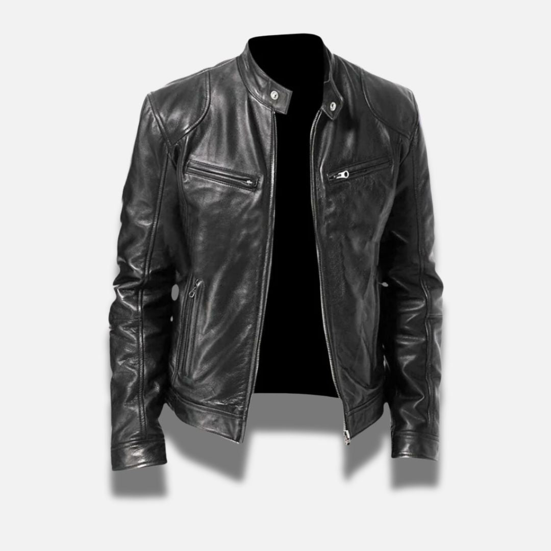 "Veste en cuir élégante pour homme, coupe ajustée, coloris noir profond, idéale pour un look raffiné et durable."